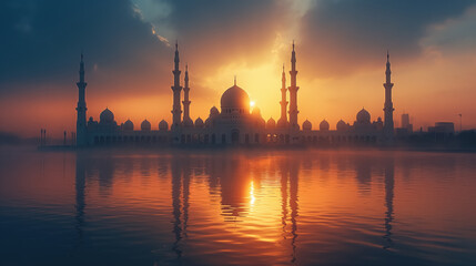 Naklejka premium Majestic mosque silhouette against vibrant sunrise over tranquil water reflections