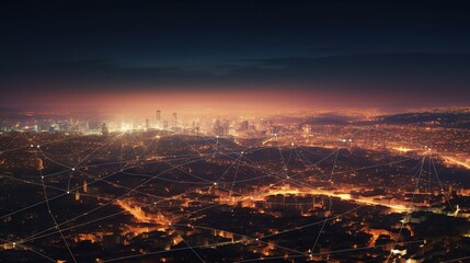 Naklejka premium Cityscape at Night with Network Connections