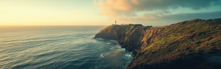 A breathtaking sunset over Faro del Caballo lighthouse with cliffs and lush greenery by the vibrant...