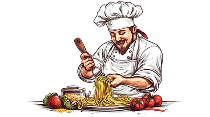 a 2D cartoon illustration of a chef making spaghetti, Italian cuisine theme, white background--ar 16:9