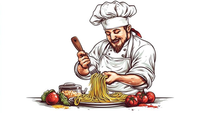 a 2D cartoon illustration of a chef making spaghetti, Italian cuisine theme, white background--ar 16:9