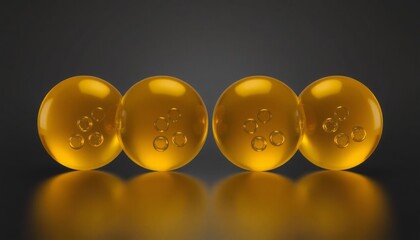 Golden amber fish oil orbs with bubbles on dark background, perfect or science visuals