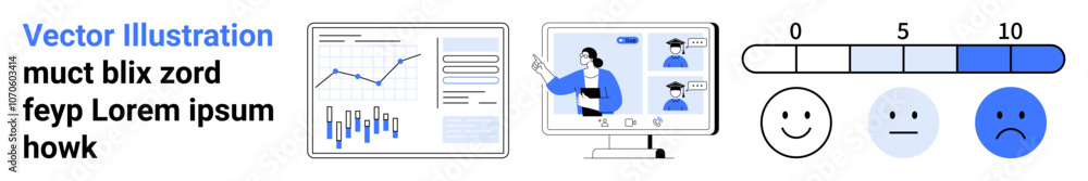Poster bar and line charts, computer screen with a webinar, satisfaction scale from 0-10, and emotion feedb