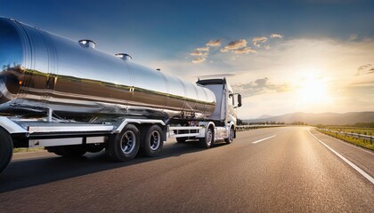 shiny silver gasoline tanker truck driving on highway
