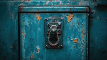 Closeup of an old rusty blue metal door with a latch.
