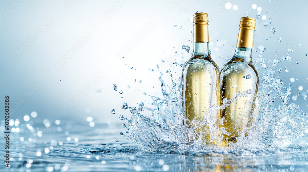 Poster fresh wine bottles splashing in dynamic water, creating refreshing scene. vibrant water droplets enh