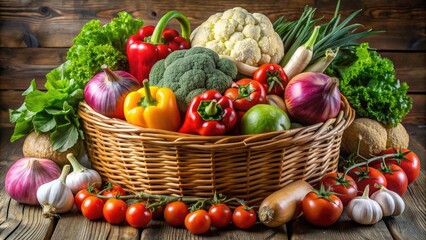 A variety of fresh vegetables including peppers, broccoli, cauliflower, and tomatoes arranged in a woven basket on a wooden table.