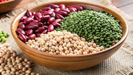 Fototapeta premium A variety of colorful legumes including red kidney beans, green lentils, and chickpeas presented in a rustic wooden bowl.