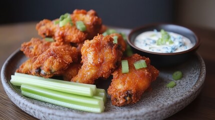 Fototapeta premium Crispy Chicken Wings with Celery and Dipping Sauce