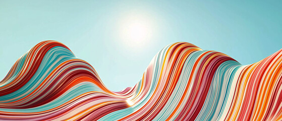 Obraz premium Vibrant abstract landscape with colorful wavy lines and bright sky. artwork showcases blend of red, orange, and turquoise hues, creating dynamic and energetic atmosphere