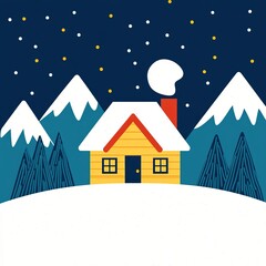 Cozy winter cabin with snow-capped mountains and starry night sky.