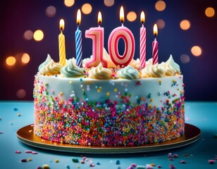 birthday cake decorated with colorful sprinkles and ten candles