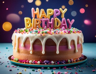 birthday cake with happy birthday lettering and sprinkles