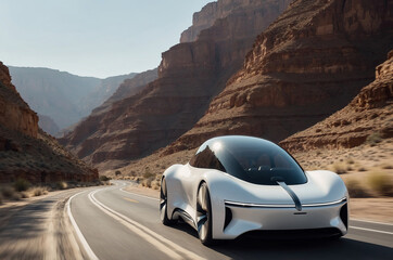 Obraz premium Futuristic electric car driving through canyons on a winding road in daylight