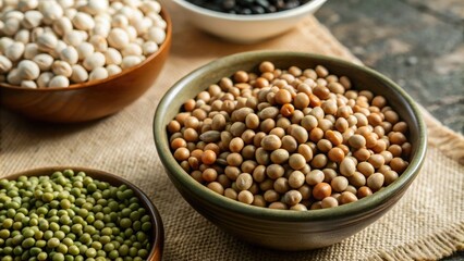 Obraz premium Assorted dried legumes in wooden bowls on a rustic table. Various lentils and beans highlight their natural textures and colors.