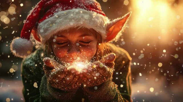 A young elf with delighted eyes blows shimmering, glowing dust from cupped hands, set in a magical winter setting, radiating joy and Christmas magic.