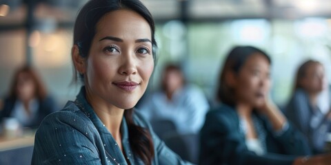 Professional woman in a meeting, showcasing confidence and collaboration in project management and leadership. Focused on career growth and success in a corporate environment