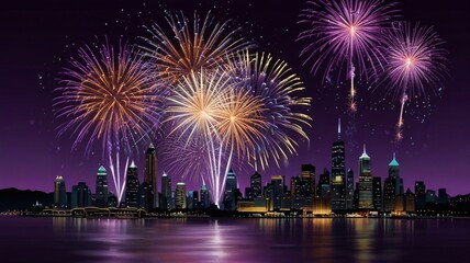 New Year's scene, the purple background serves as a dramatic backdrop to golden fireworks spelling 