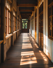 long corridor in an old school building, sunlight shines through the windows onto the wooden floorboards	