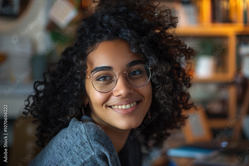 Poster portrait of a smiling woman in an office, prepared for programming or coding, showcasing the happy d