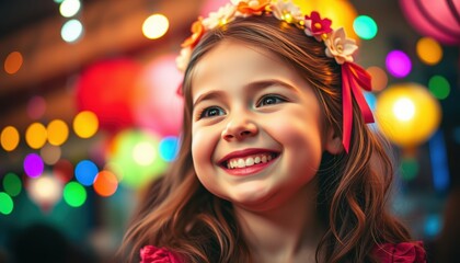Joyful Girl Smiling Amidst Colorful Lights