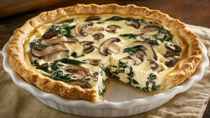 Delicious Spinach and Mushroom Quiche in Pie Dish