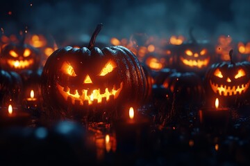 Group of carved pumpkins with candlelight glowing against dark Halloween night background, high-resolution digital photography.