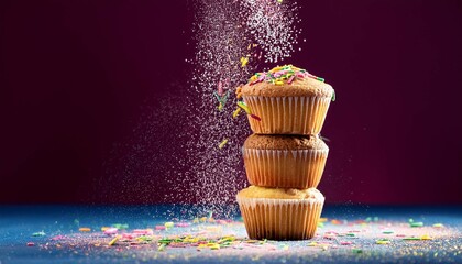 stack of cupcakes with falling sprinkles
