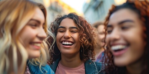 Friends enjoying a holiday together, laughing and chatting on the street. A weekend filled with adventure, fashion, and bonding over humorous conversations