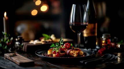 Elegant Dinner Setting with Wine and Gourmet Dish