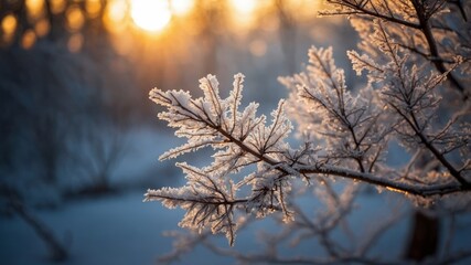 Frost-covered branches catch the morning light in a serene winter landscape at dawn