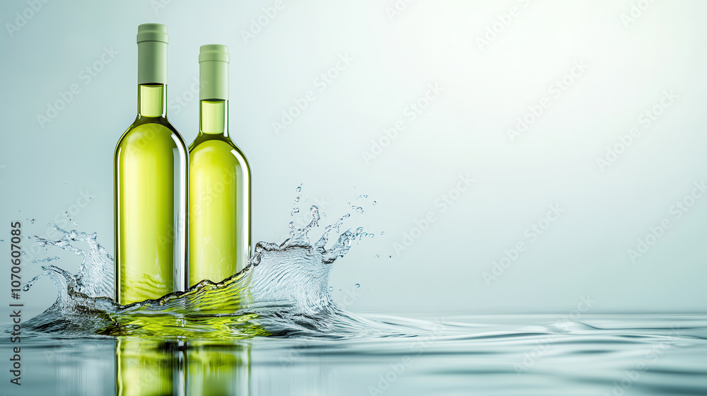 Poster two green wine bottles surrounded by dynamic water splashes create refreshing scene. vibrant colors 