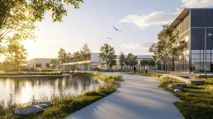 Sustainable industrial park focused on carbon neutrality, using energy-efficient equipment, renewable energy, and green logistics