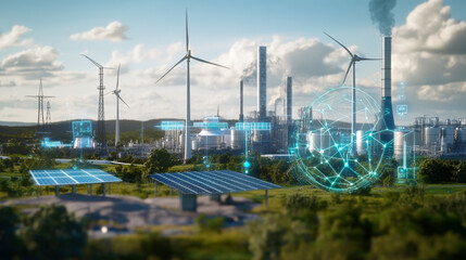 Technologically advanced renewable energy plant featuring smart solar grids, wind turbines, and data analytics driving energy efficiency