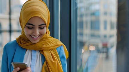 Happy woman in hijab using a cellphone for communication and job opportunities, representing 5G technology and mobile applications