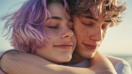 Obraz premium Romantic sunset date for a young couple on Valentines Day with ocean fun and an embrace, capturing joy and love during a tropical evening getaway