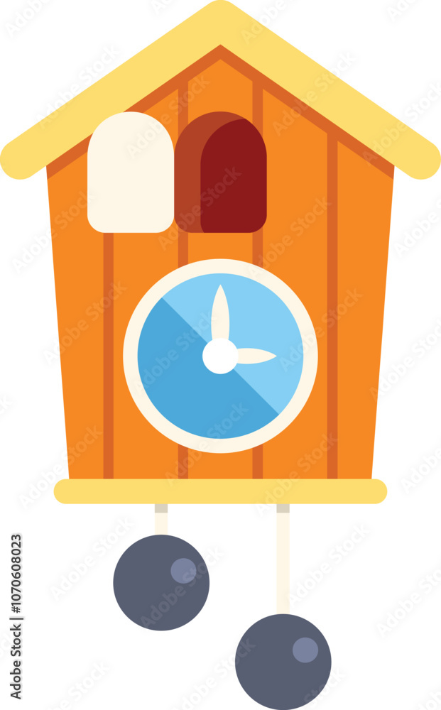 Poster cuckoo clock telling the time with its hands and swinging pendulum