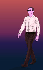 illustration of a man in a neat suit wearing sunglasses walking
