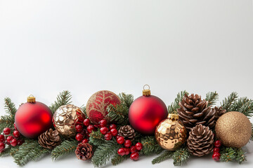 Christmas background with spruce branches, red and gold balls, mistletoe, and pine cones on a white background with copy space at the top