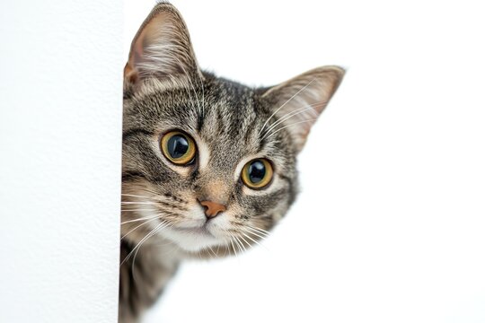 Curious tabby cat peeking around a corner with wide, attentive eyes, capturing a playful and inquisitive moment