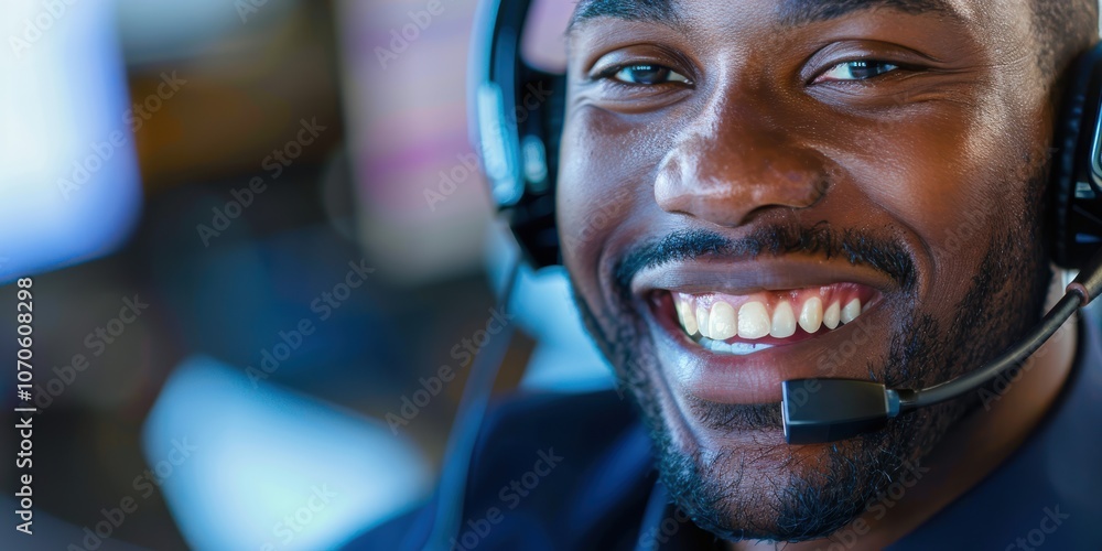 Poster customer support representative smiling while on a call, engaging in communication and telemarketing