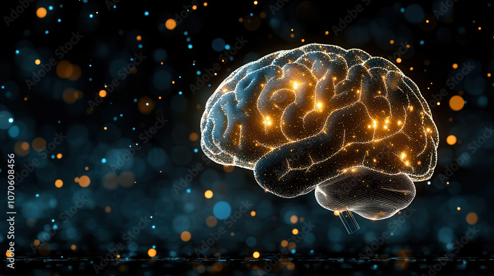 Poster glowing 3d brain sculpture with shiny particles and lights, representing intelligence and creativity