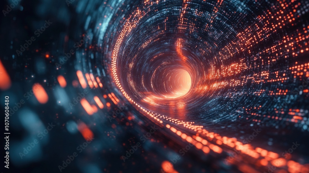 Poster 3d illustration of abstract digital tunnel with bright glowing particles. concept of future and tech