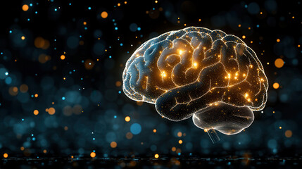 Fototapeta premium glowing 3D brain sculpture with shiny particles and lights, representing intelligence and creativity. vibrant colors create captivating visual effect