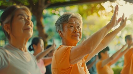 Fitness session for seniors in a community setting. Engaging exercises with cheerful elderly companions