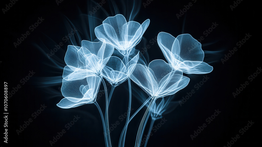 Poster high quality x ray image of glowing ethereal flowers against dark background, showcasing intricate d