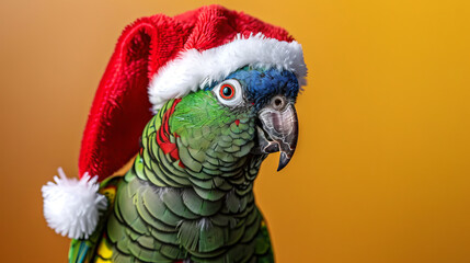 Fototapeta premium Festive Parrot in a Santa Hat Against a Vibrant Yellow Background. Concept of Christmas, Holiday Cheer, Exotic Wildlife, Colorful Celebrations, and Festive Spirit