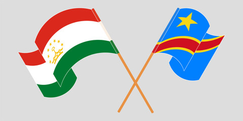 Crossed and waving flags of Tajikistan and Democratic Republic of the Congo. Vector illustration