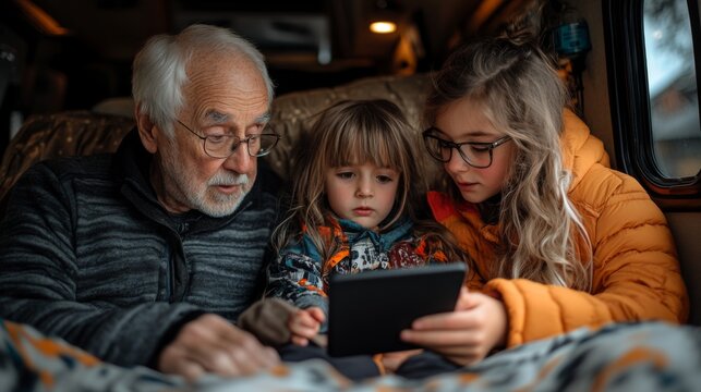 A loving grandfather sits closely with his young grandchildren, intently focused on a tablet while nestled in the warmth of their van on a cold day.