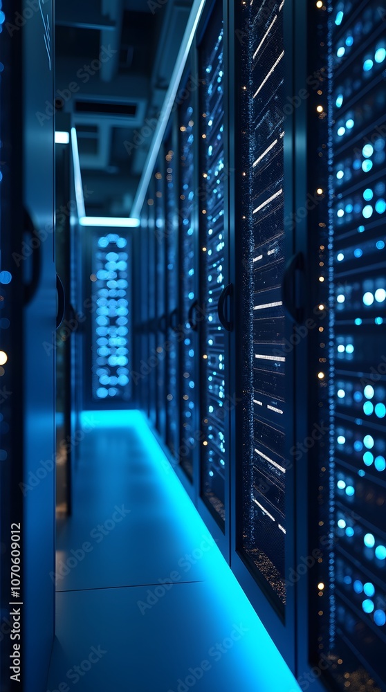 Poster close-up of server racks with blue lights in a modern data center, representing digital infrastructu